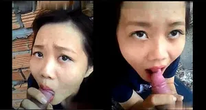 Ghệ liếm dương vật ở vườn sau nhà